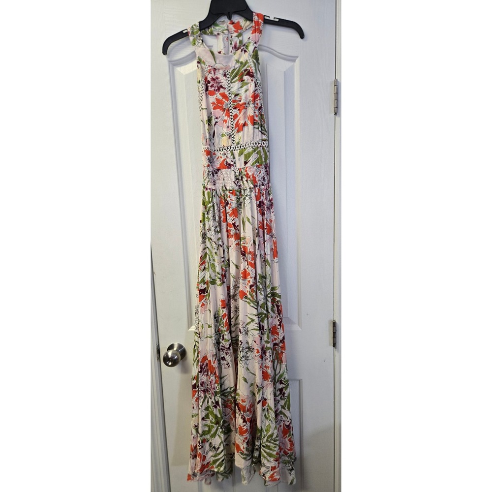 Axel The Label Pink Floral Halter Maxi Dress Smocked Waist Small Tropical Boho